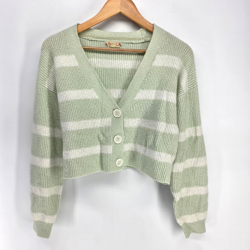 It's Our Time Cardigan Womens S Sage Green Striped Cropped V-Neck Ribbed Knit